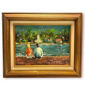Vintage Painting Wall Art Water 2 People Sitting by a River Lake Pond Nature
